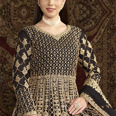 Dark Brown Net Embroidered Anarkali Suit