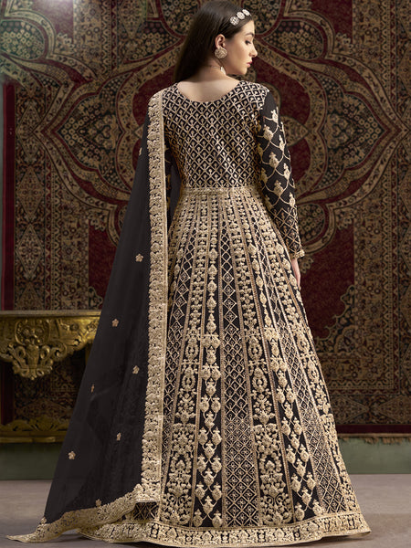 Dark Brown Net Embroidered Anarkali Suit