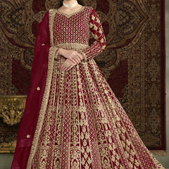 Maroon Net Embroidered Anarkali Suit