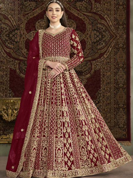 Maroon Net Embroidered Anarkali Suit