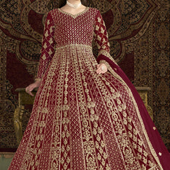 Maroon Net Embroidered Anarkali Suit