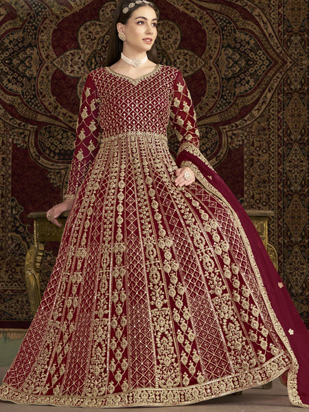 Maroon Net Embroidered Anarkali Suit