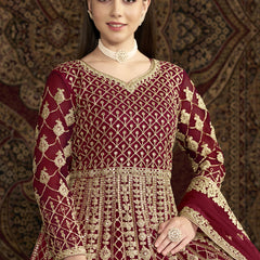 Maroon Net Embroidered Anarkali Suit