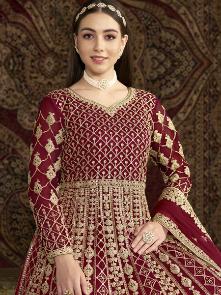 Maroon Net Embroidered Anarkali Suit