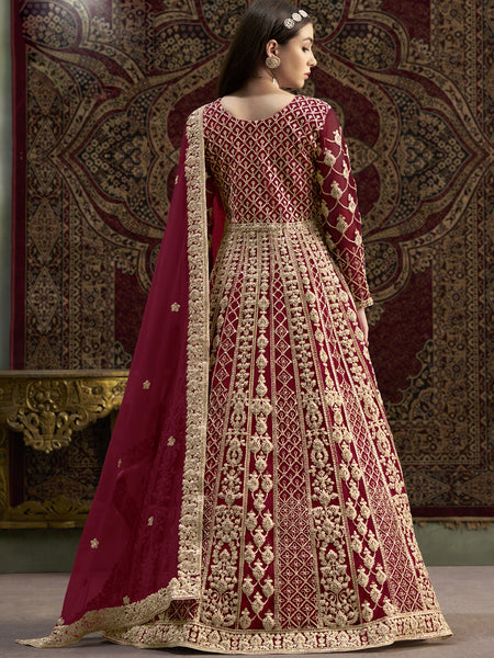 Maroon Net Embroidered Anarkali Suit