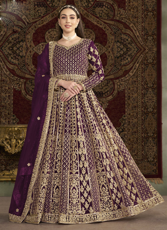 Violet Net Embroidered Anarkali Suit