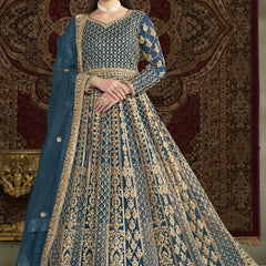 Aqua Blue Net Embroidered Anarkali Suit