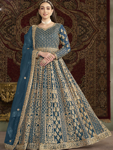 Aqua Blue Net Embroidered Anarkali Suit