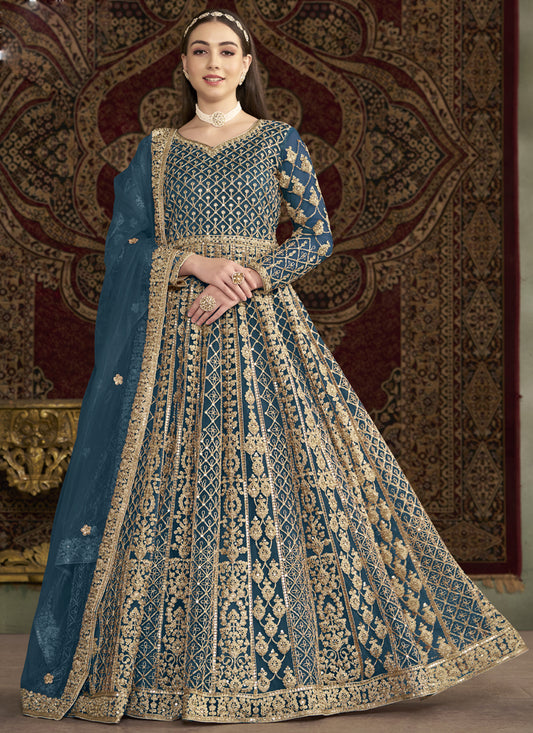 Aqua Blue Net Embroidered Anarkali Suit