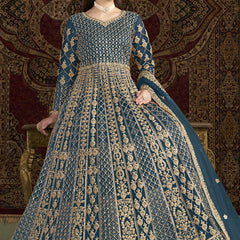 Aqua Blue Net Embroidered Anarkali Suit