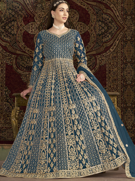 Aqua Blue Net Embroidered Anarkali Suit