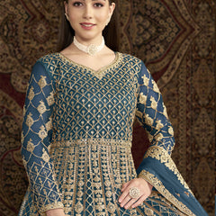Aqua Blue Net Embroidered Anarkali Suit