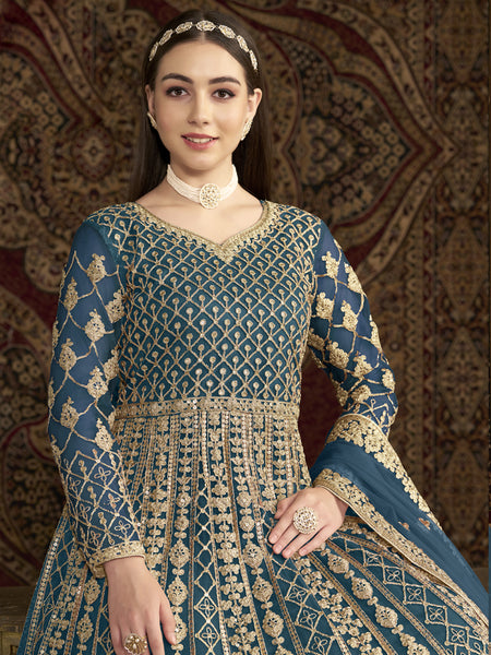 Aqua Blue Net Embroidered Anarkali Suit