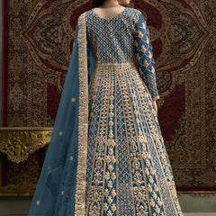 Aqua Blue Net Embroidered Anarkali Suit