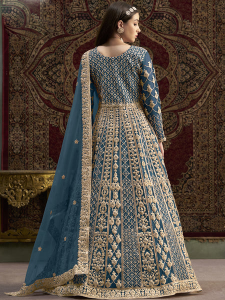Aqua Blue Net Embroidered Anarkali Suit