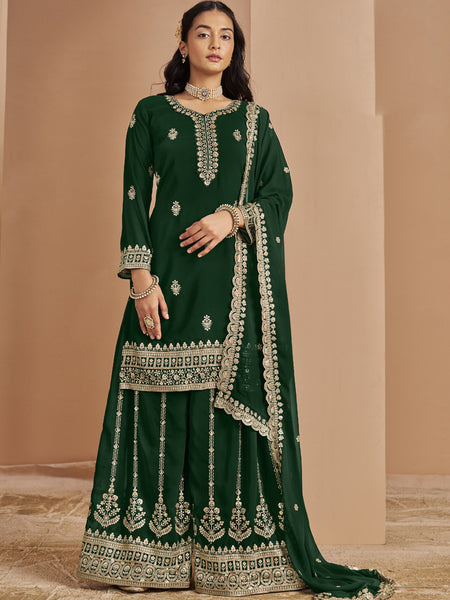 Green Faux Georgette Embroidered Palazzo Suit