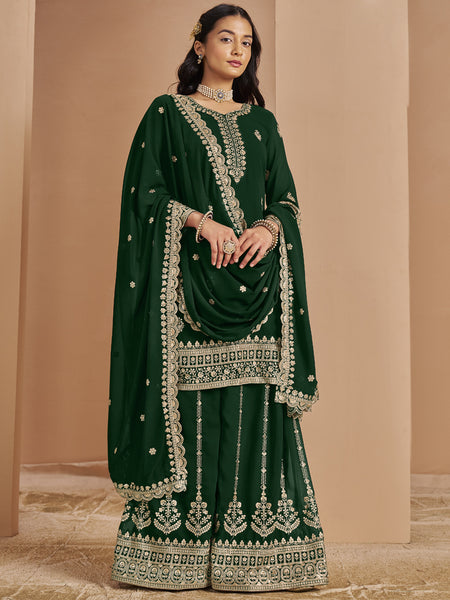 Green Faux Georgette Embroidered Palazzo Suit