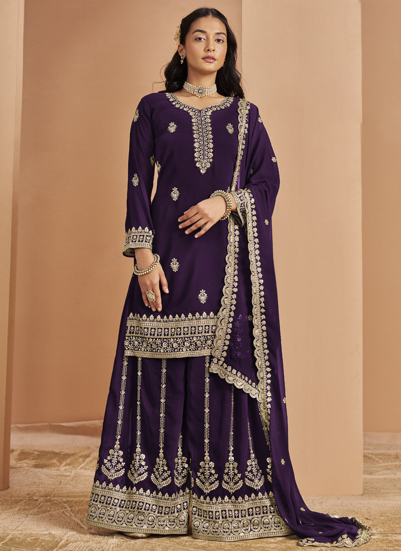 Violet Faux Georgette Embroidered Palazzo Suit