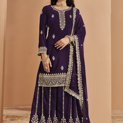 Violet Faux Georgette Embroidered Palazzo Suit