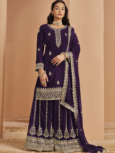 Violet Faux Georgette Embroidered Palazzo Suit
