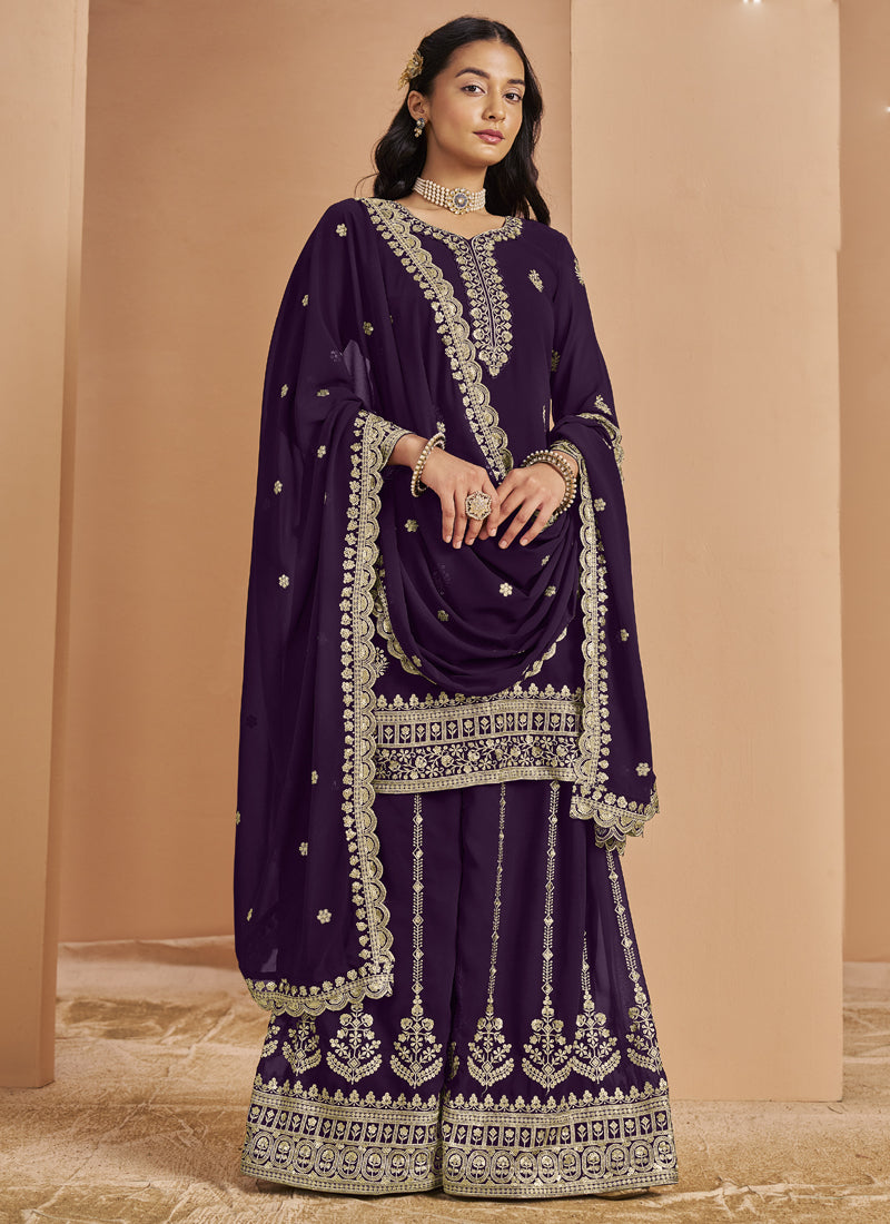 Violet Faux Georgette Embroidered Palazzo Suit