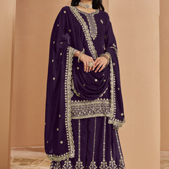 Violet Faux Georgette Embroidered Palazzo Suit