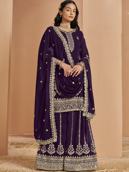 Violet Faux Georgette Embroidered Palazzo Suit