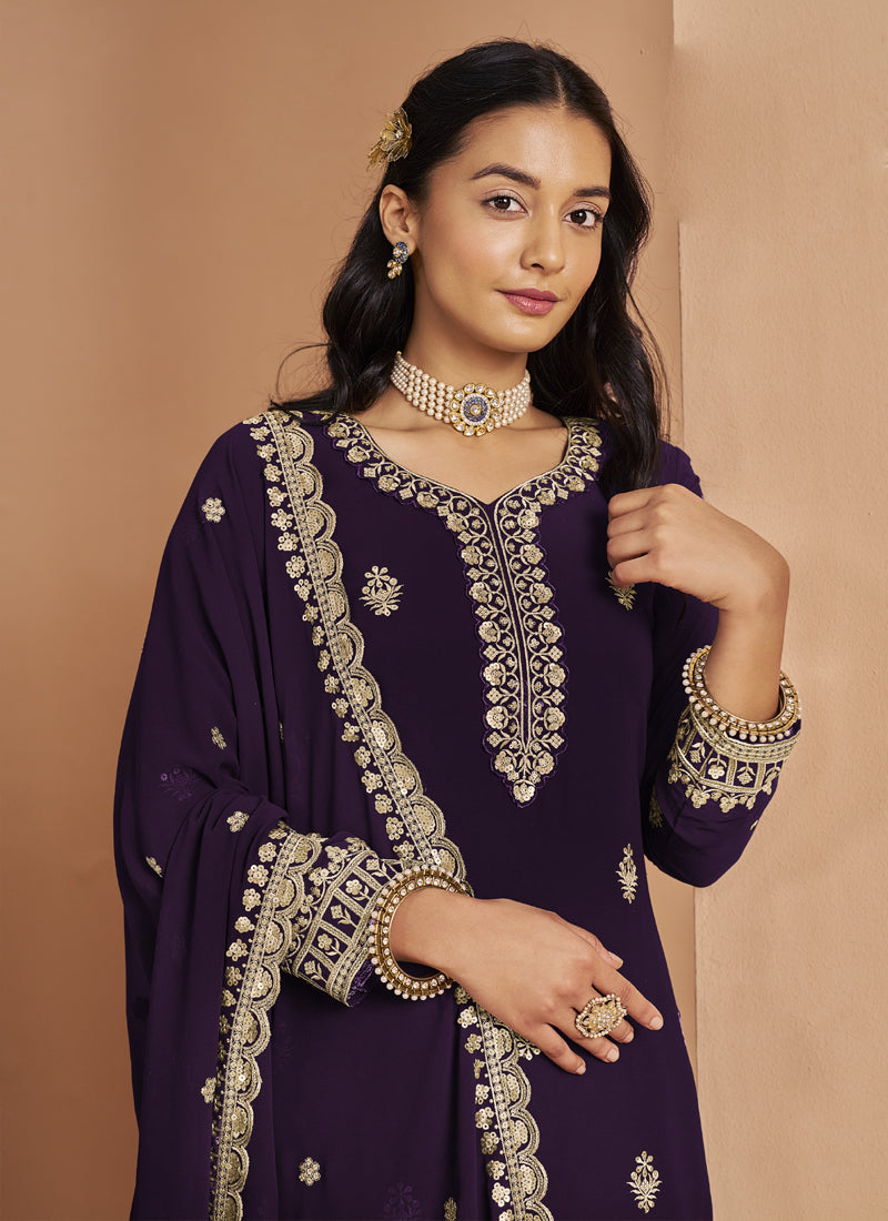 Violet Faux Georgette Embroidered Palazzo Suit