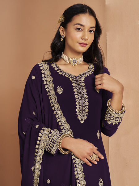 Violet Faux Georgette Embroidered Palazzo Suit