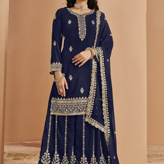 Navy Blue Faux Georgette Embroidered Palazzo Suit