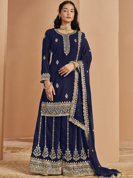 Navy Blue Faux Georgette Embroidered Palazzo Suit