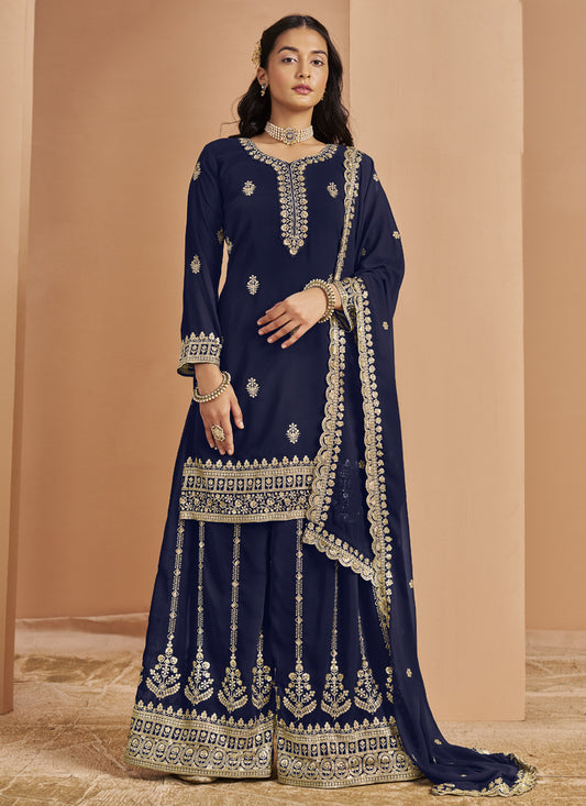 Navy Blue Faux Georgette Embroidered Palazzo Suit