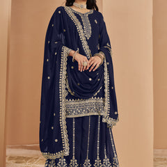 Navy Blue Faux Georgette Embroidered Palazzo Suit