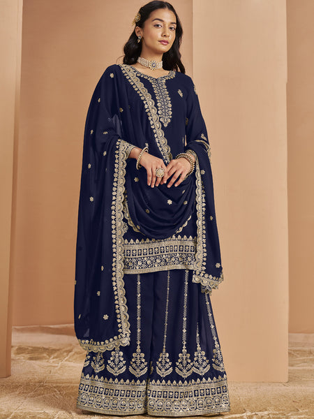 Navy Blue Faux Georgette Embroidered Palazzo Suit