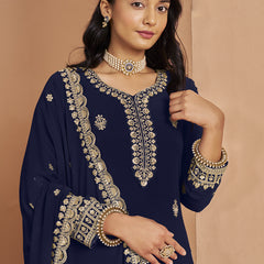 Navy Blue Faux Georgette Embroidered Palazzo Suit