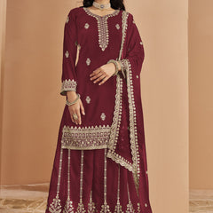 Maroon Faux Georgette Embroidered Palazzo Suit