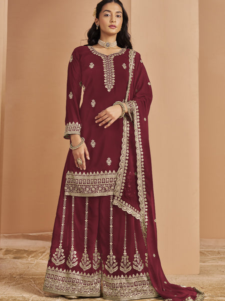 Maroon Faux Georgette Embroidered Palazzo Suit