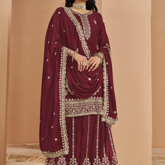 Maroon Faux Georgette Embroidered Palazzo Suit