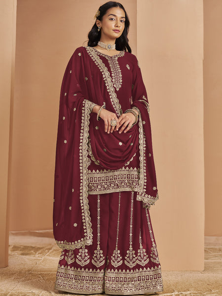 Maroon Faux Georgette Embroidered Palazzo Suit