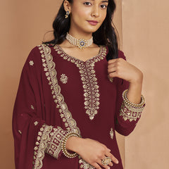 Maroon Faux Georgette Embroidered Palazzo Suit