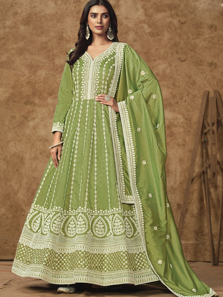 Light Green Dola Silk Embroidered Anarkali Suit