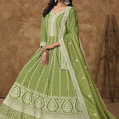 Light Green Dola Silk Embroidered Anarkali Suit
