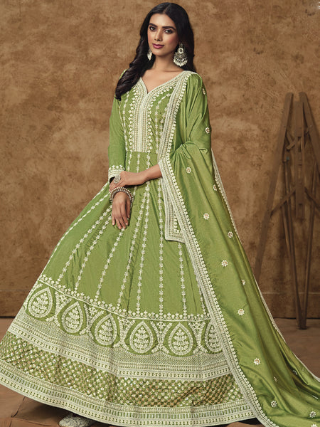 Light Green Dola Silk Embroidered Anarkali Suit