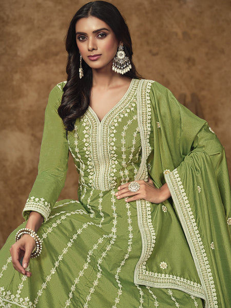 Light Green Dola Silk Embroidered Anarkali Suit