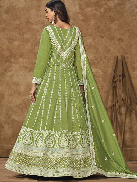 Light Green Dola Silk Embroidered Anarkali Suit