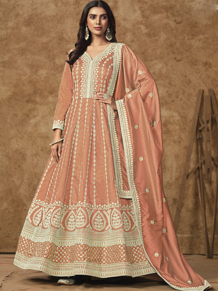 Light Orange Dola Silk Embroidered Anarkali Suit