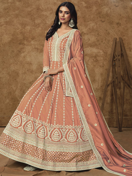 Light Orange Dola Silk Embroidered Anarkali Suit