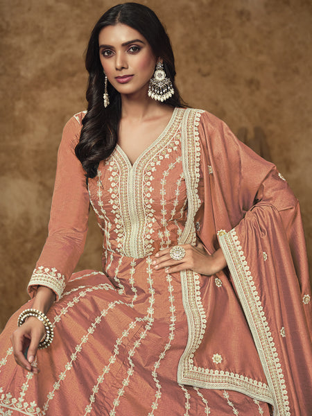 Light Orange Dola Silk Embroidered Anarkali Suit