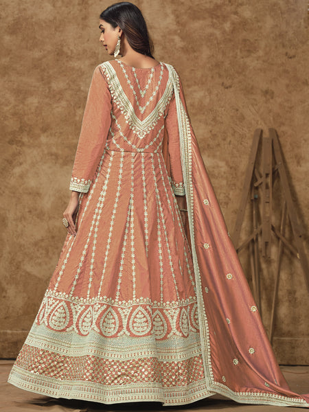 Light Orange Dola Silk Embroidered Anarkali Suit