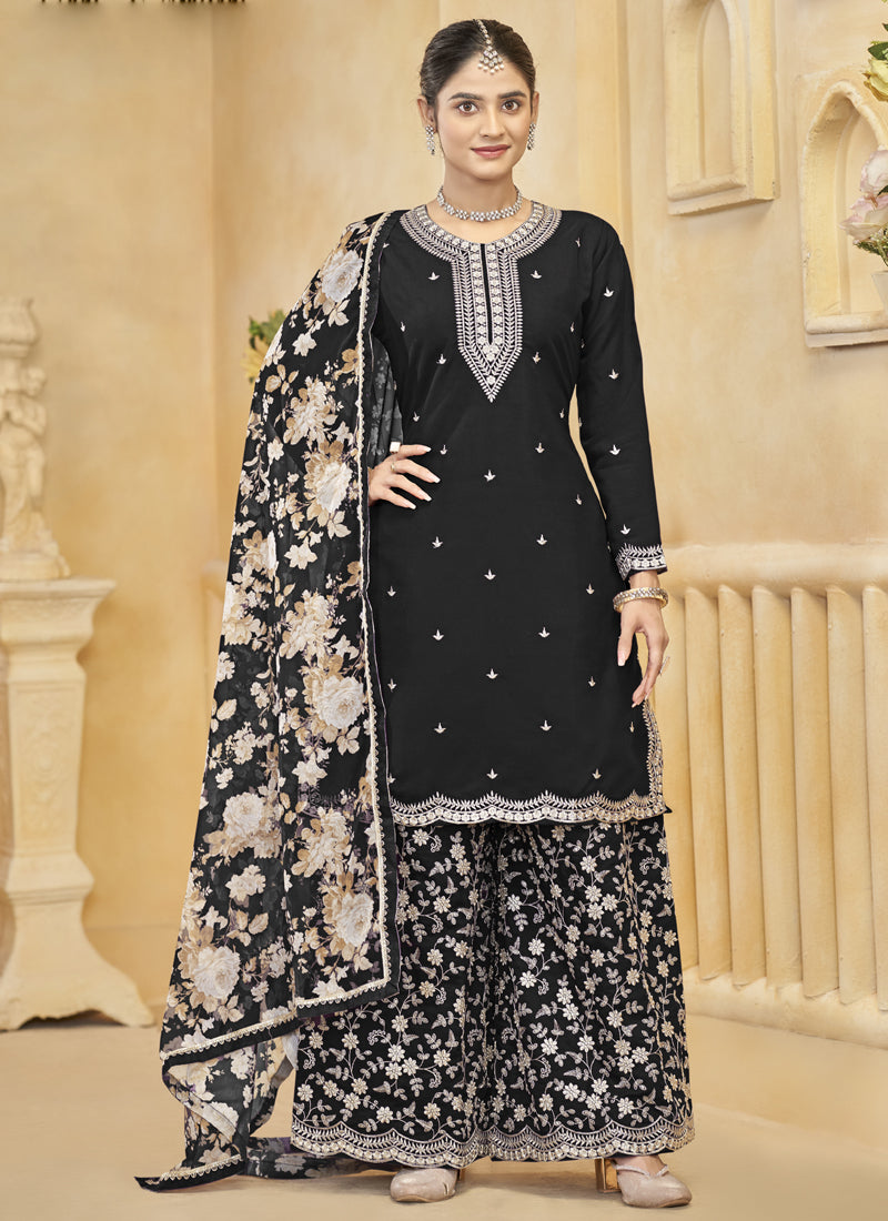 Black Roman Silk Embroidered Palazzo Suit